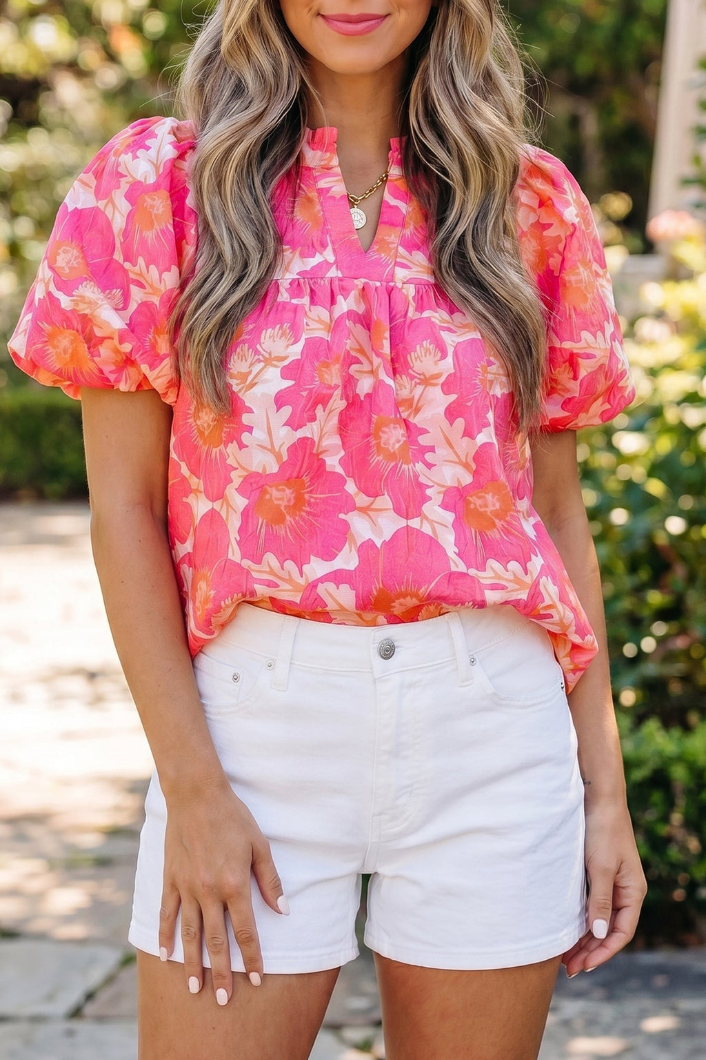 Pink Short Bubble Sleeve Summer Floral Blouse