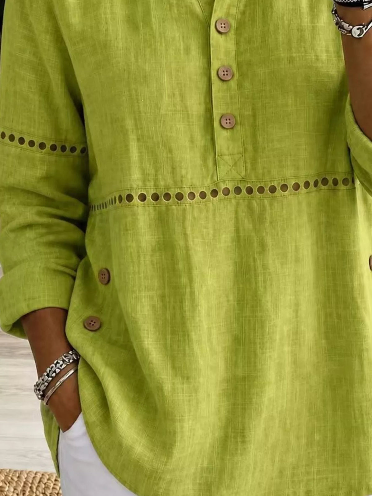Full Size Button Detail Eyelet Long Sleeve Blouse Plus Size
