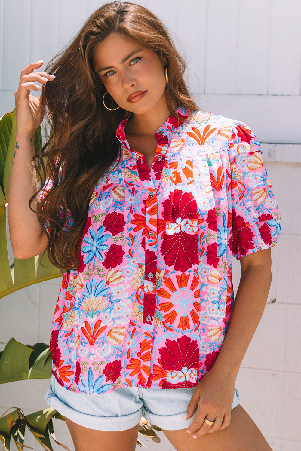 Pink Floral Print Bubble Sleeve Button Up Pleated Shirt