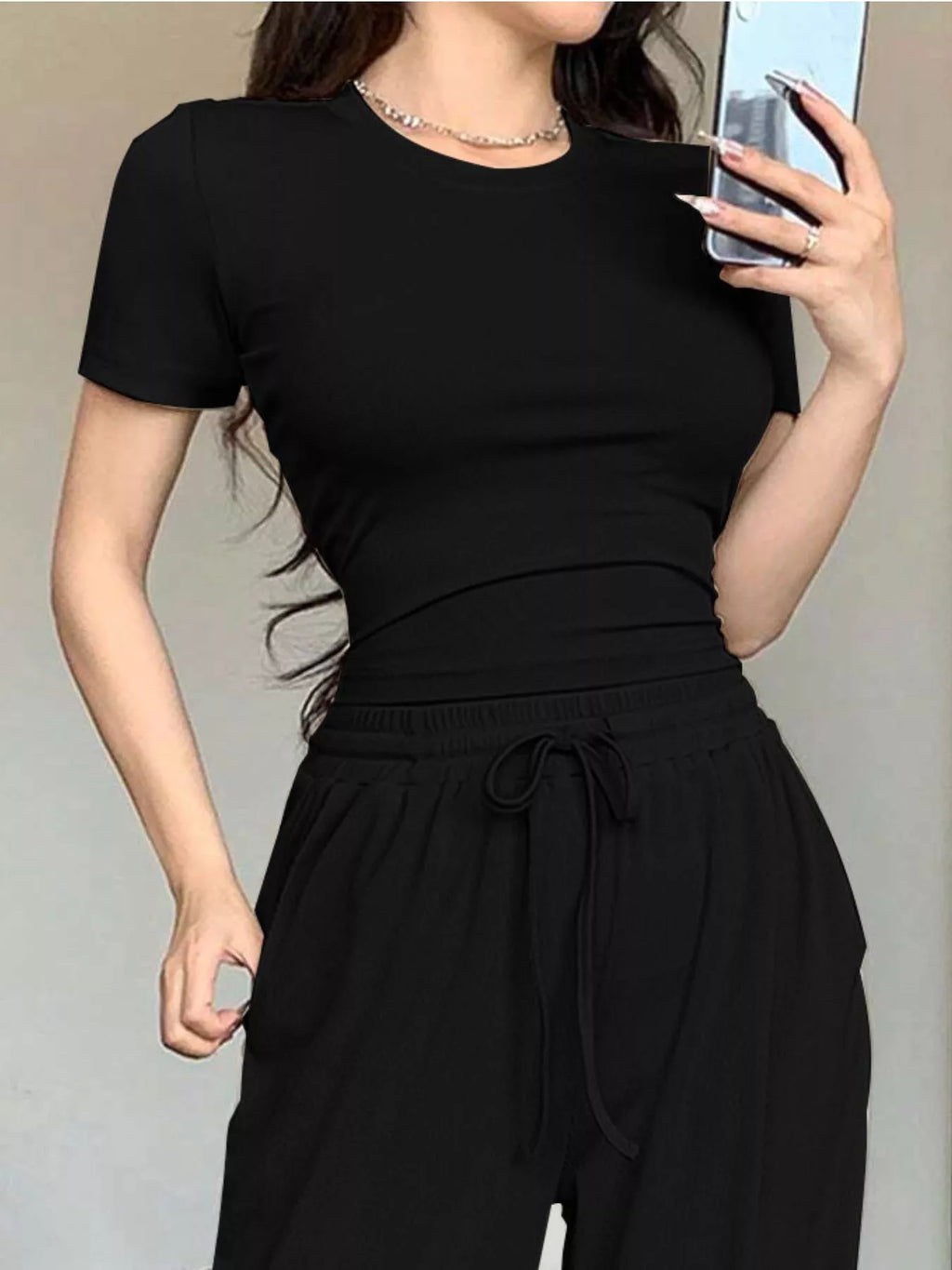 Solid Color Short Sleeve Crop Top and Wide Leg Pants Set