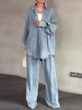 Wash Button Up Shirt and Wide-Leg Pants Denim Set