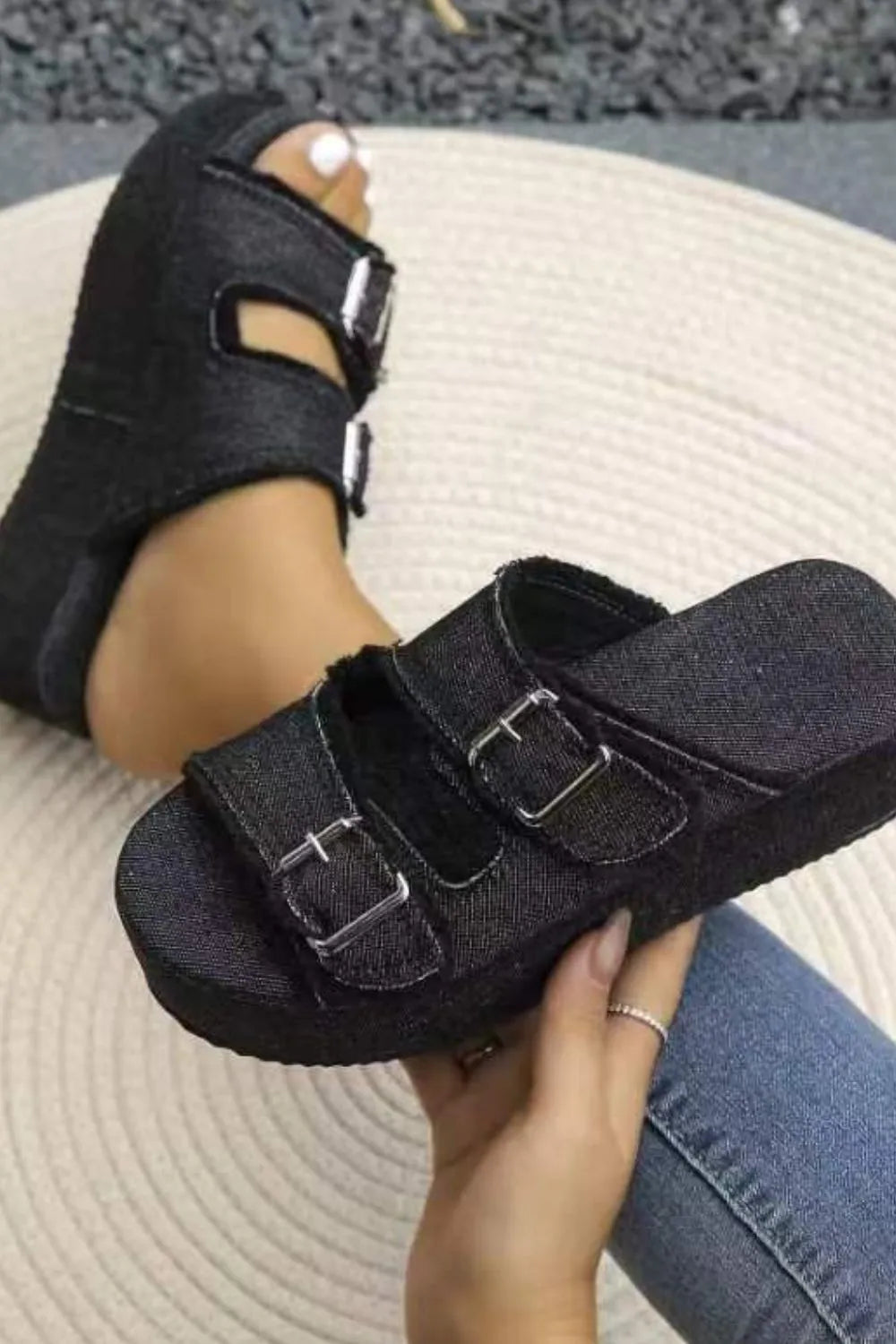 Raw Hem Wedge Buckle Sandals