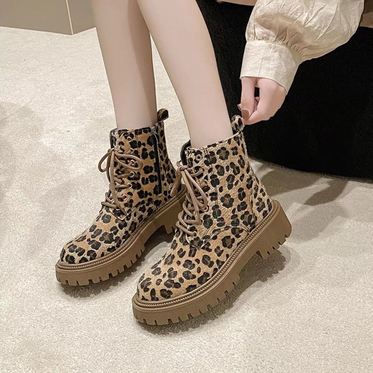 Animal Print Lace-Up Ankle Boots