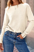 Button-Cuff Crew Neck Sweater