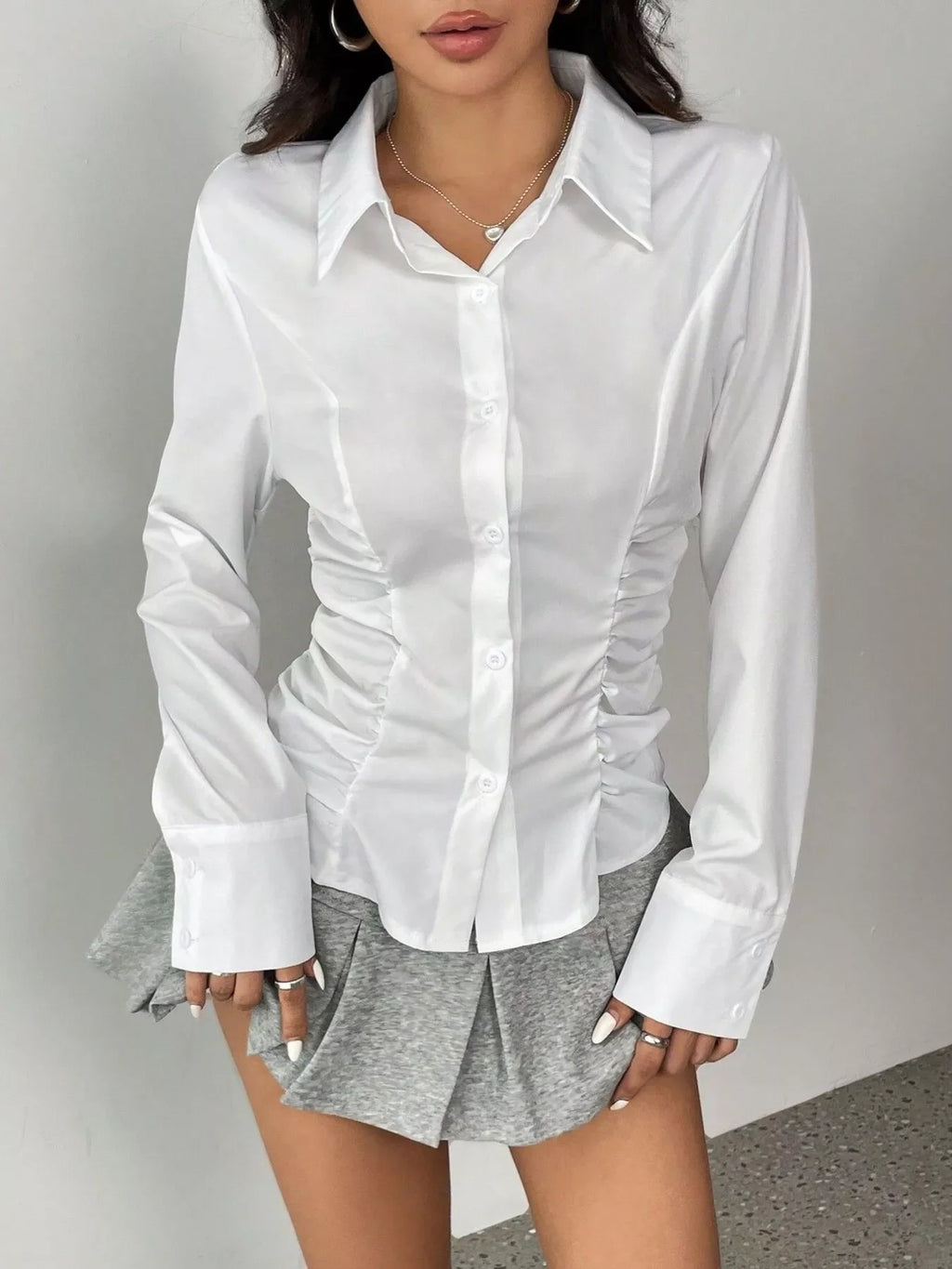Ruched Slim-Fit Button-Down Shirt