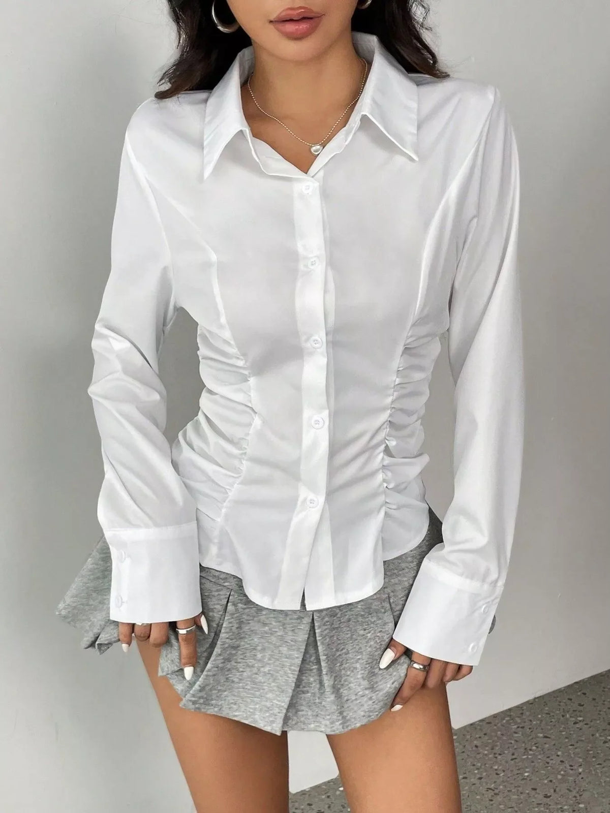 Ruched Slim-Fit Button-Down Shirt