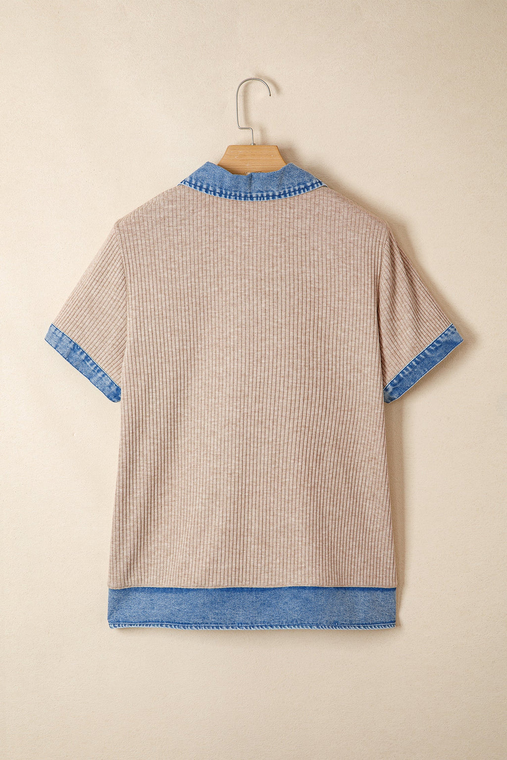 Beige Ribbed Knit Denim Color Block Patchwork Button Detail Collared Blouse