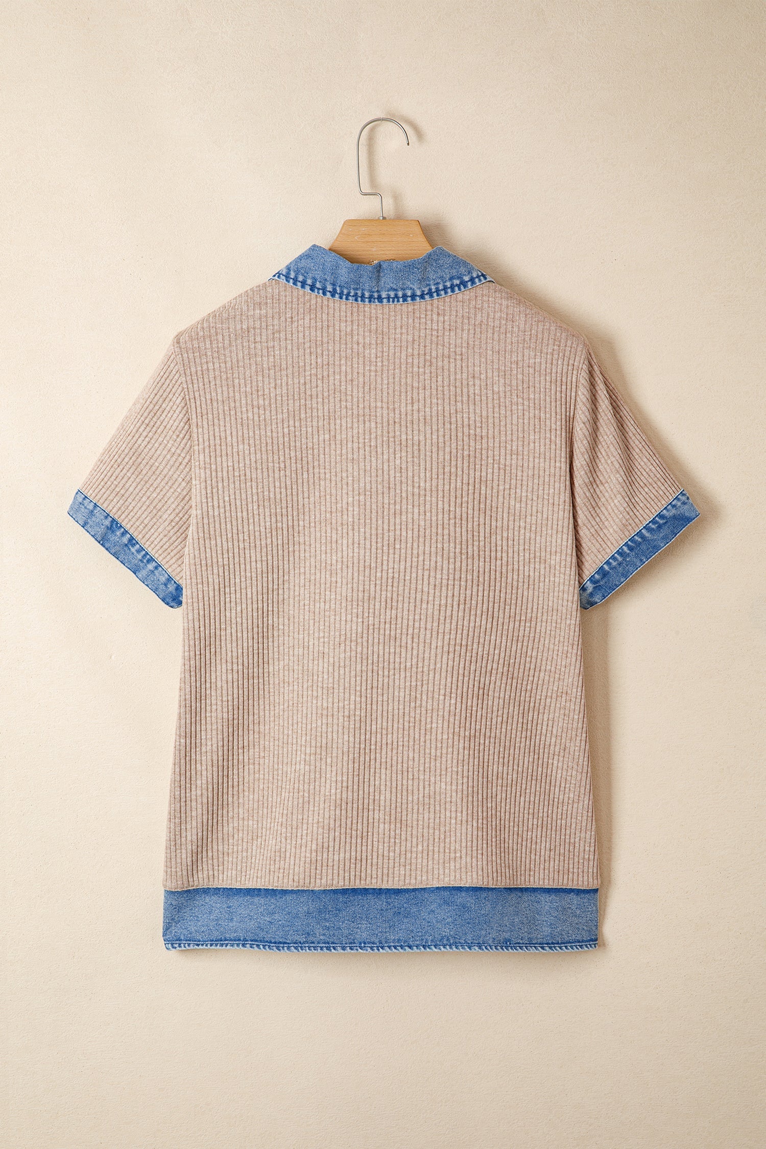 Beige Ribbed Knit Denim Color Block Patchwork Button Detail Collared Blouse
