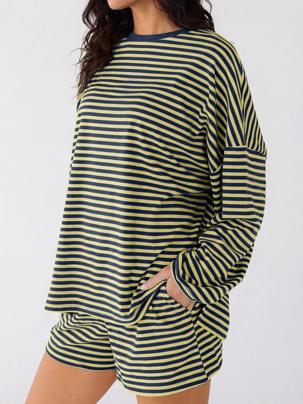 Casual Striped Long Sleeve Top and Shorts Set