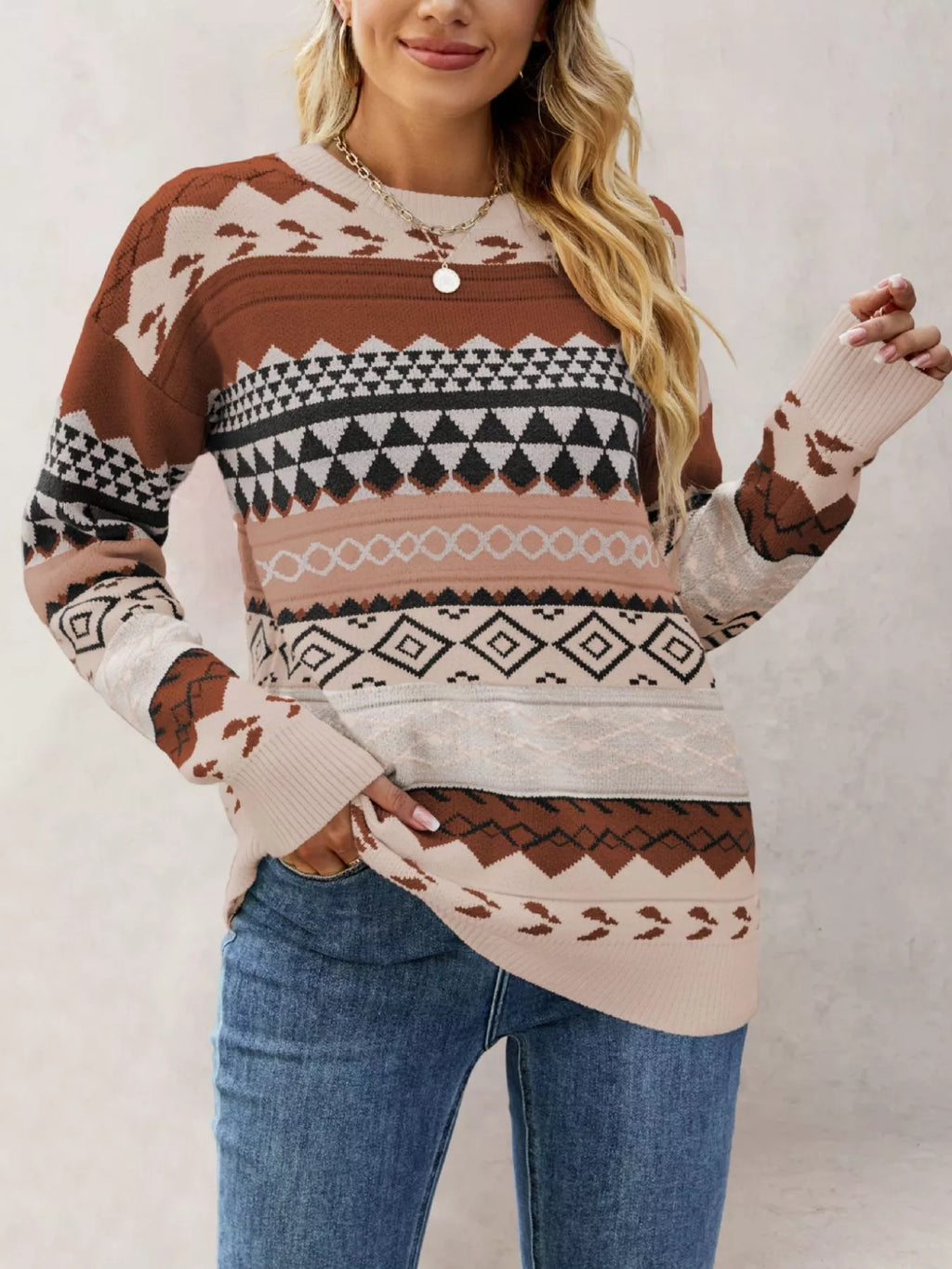 Geometric Pattern Dropped Shoulder Sweater