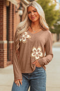 Straw Yellow Floral Patchwork V Neck Long Sleeve T Shirt