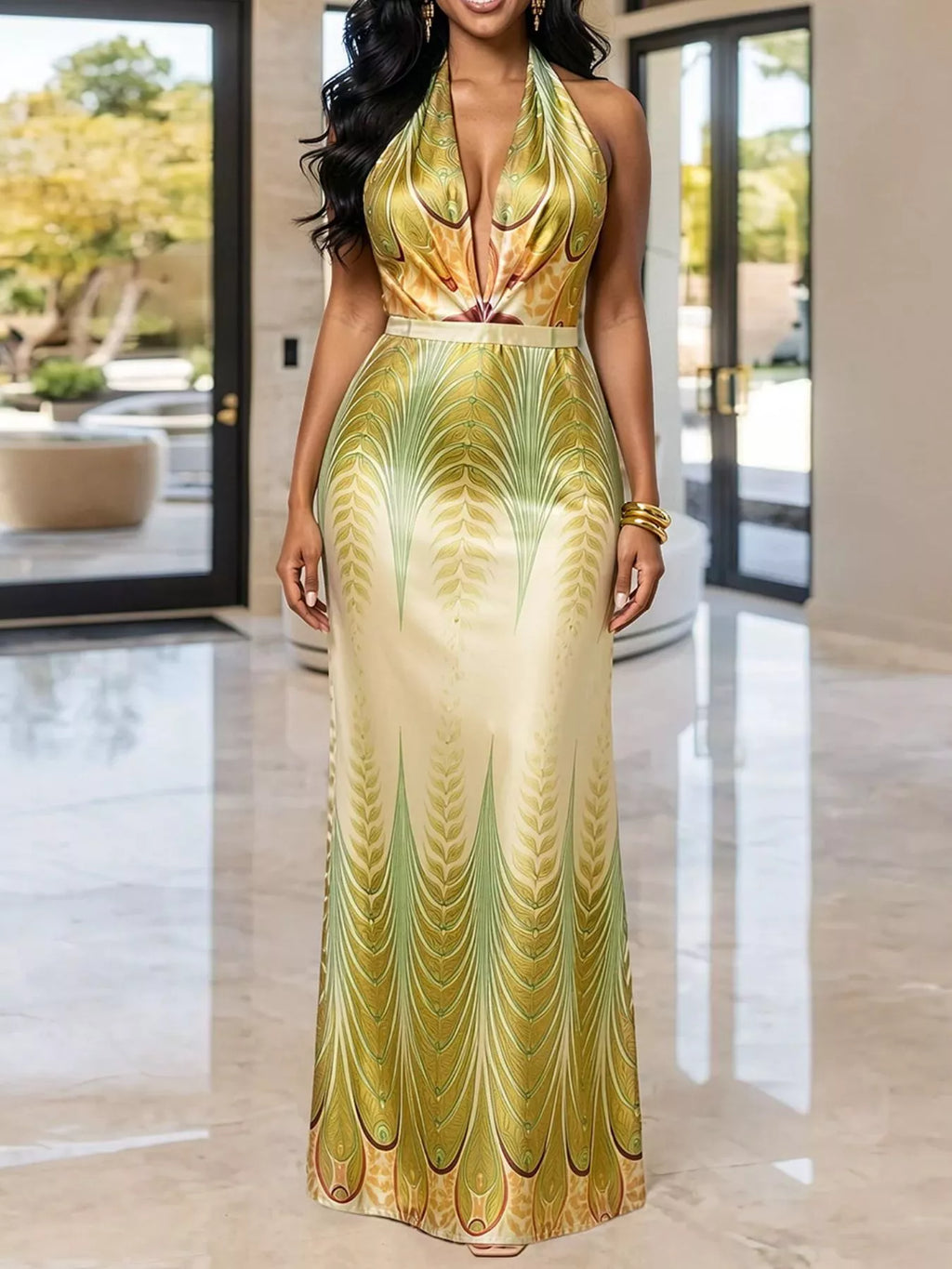 Elegant Halter Neck Maxi Dress with Gradient Leaf Print
