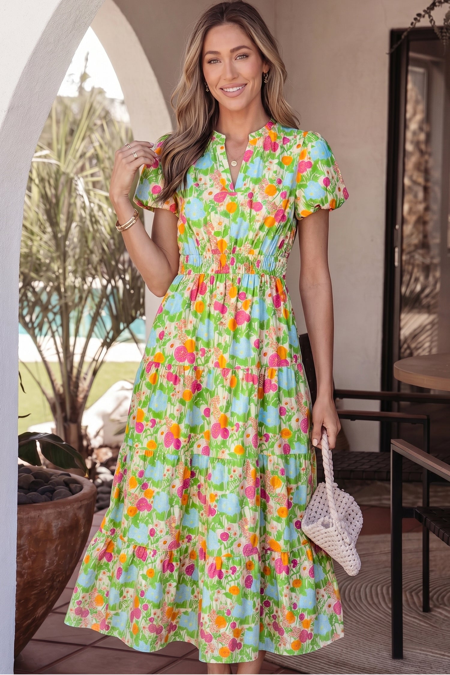 Green Floral Print V Neck Short Puff Sleeve Cotton Maxi Dress