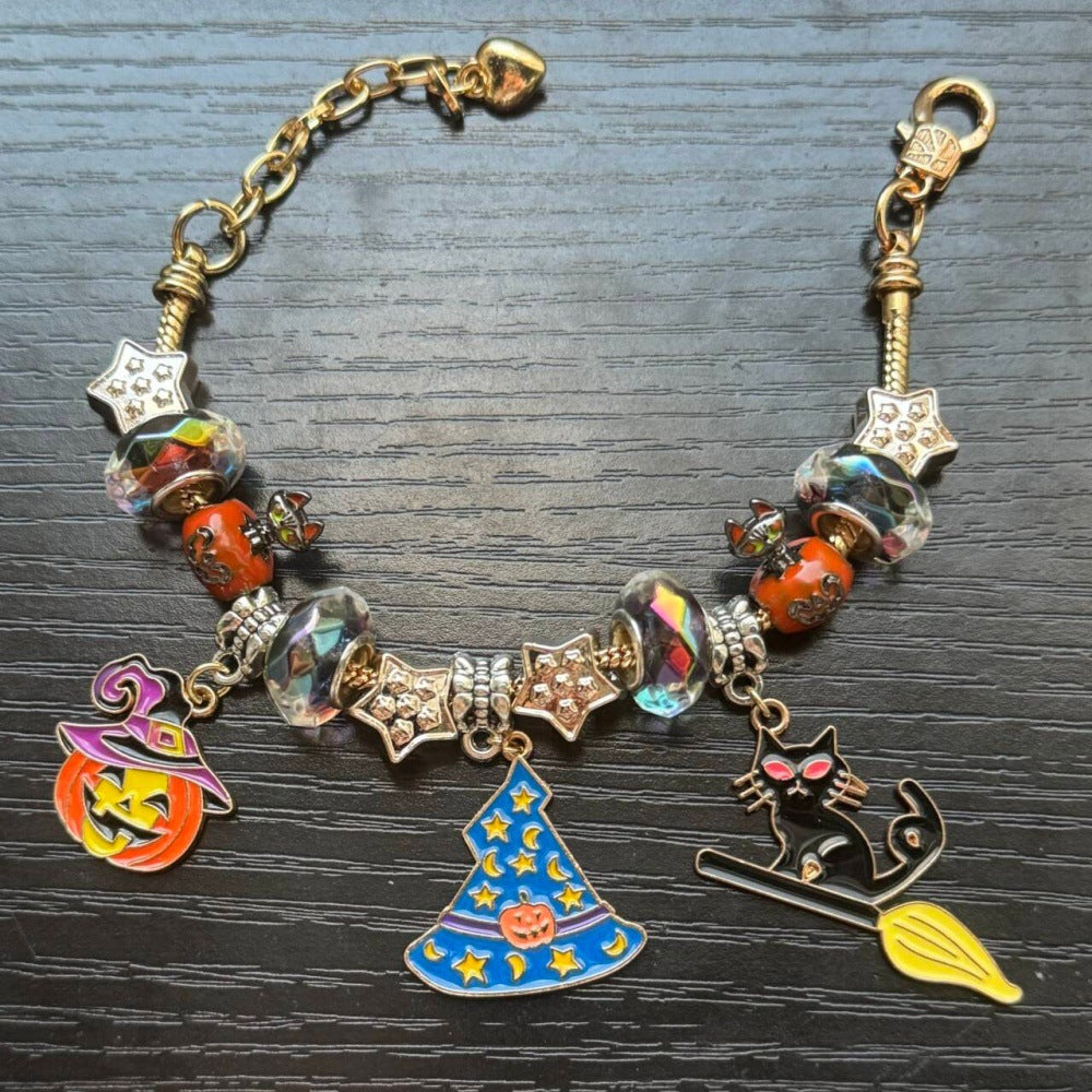 Halloween Bracelet With Witch, Black Cat, Pumpkin, And Stars