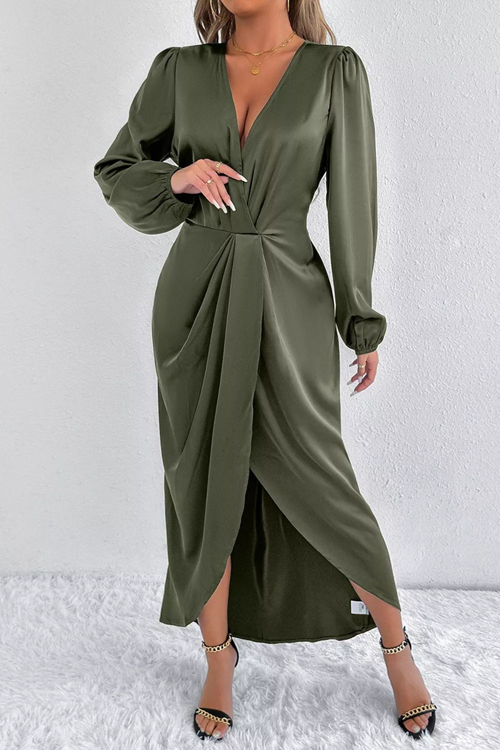 Satin Balloon Sleeve Midi Dress