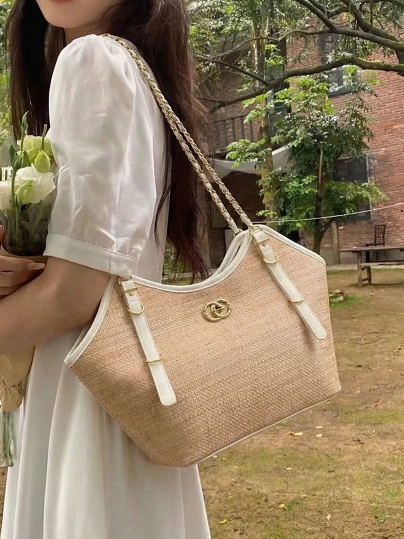 Contrast Trim Adjustable Strap Shoulder Bag