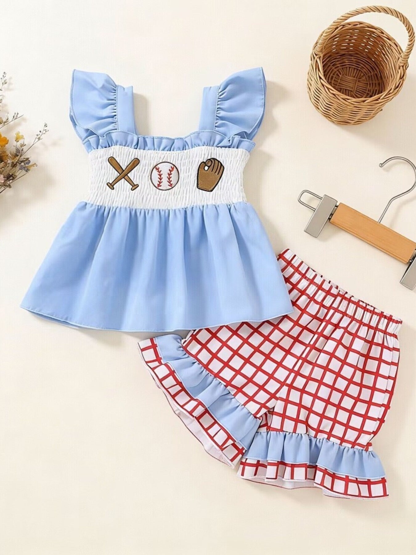 Children's Baseball Embroidered Ruffle Trim Top and Shorts Set