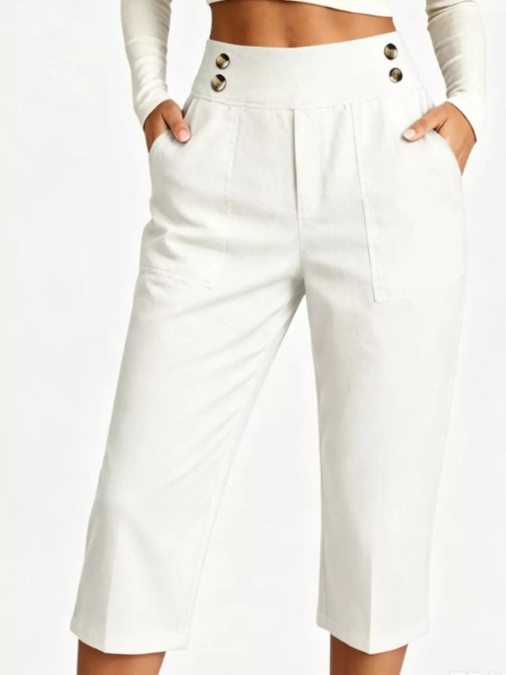Full Size High-Waisted Button-Detail Cropped Pants Plus Size