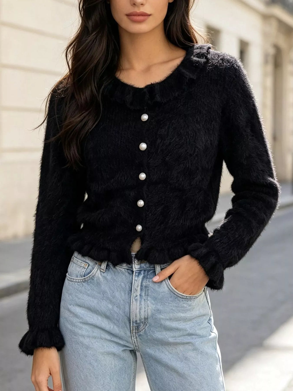 Soft Fuzzy Cardigan with Ruffled Collar and Pearl Buttons