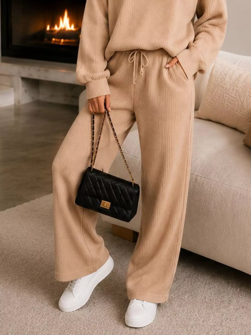 Ribbed Knit Quarter-Zip Top and Wide-Leg Pants Set