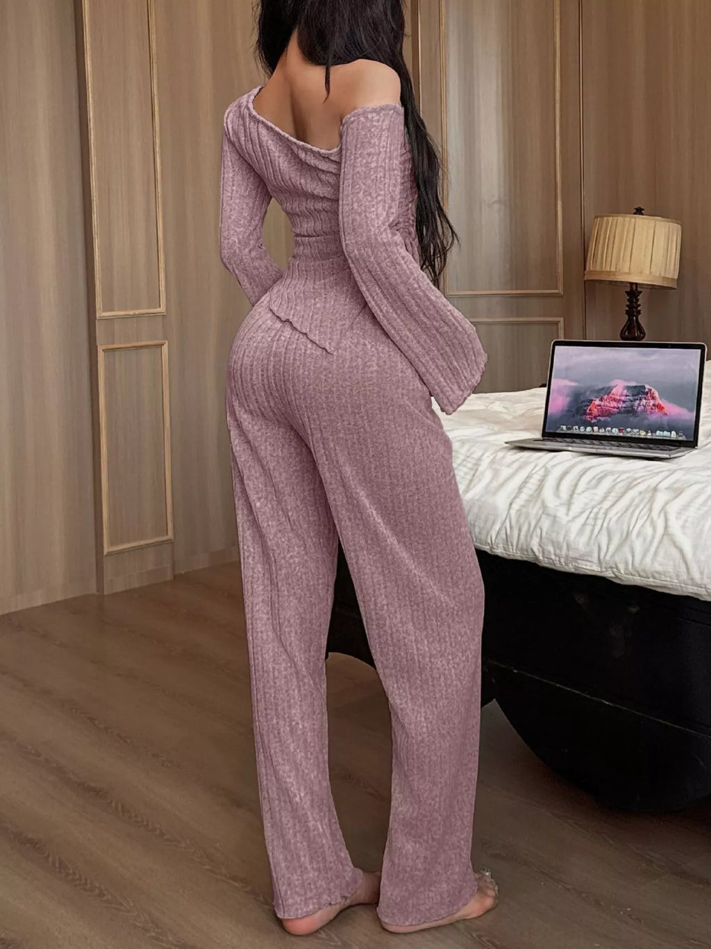 One-Shoulder Ribbed Knit Top and Pants Set