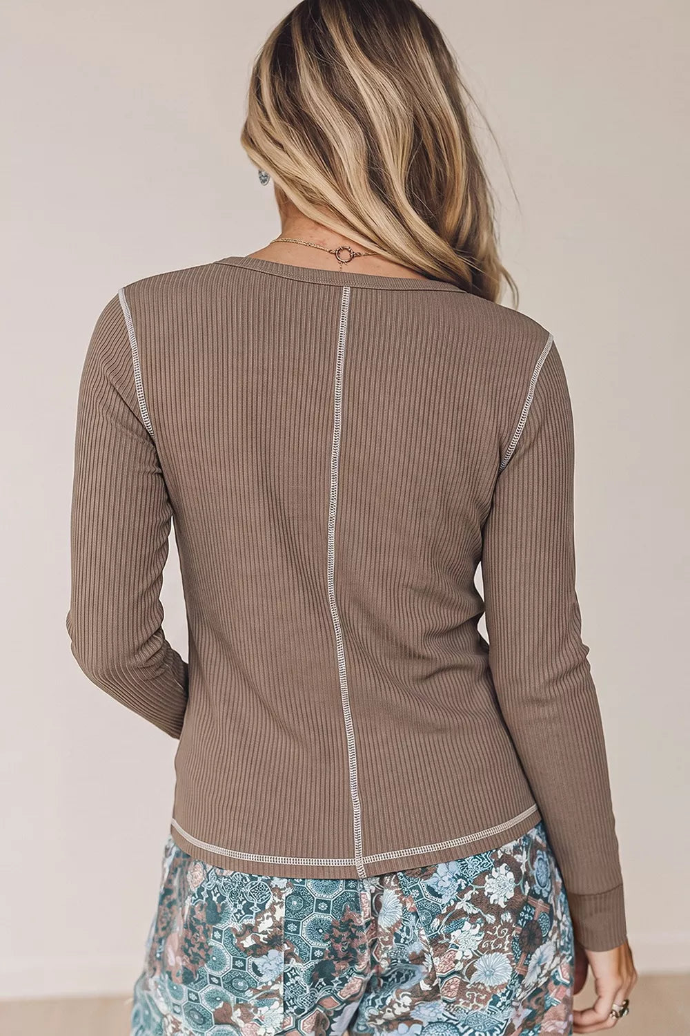 Ribbed Long Sleeve Top with Seam Detail