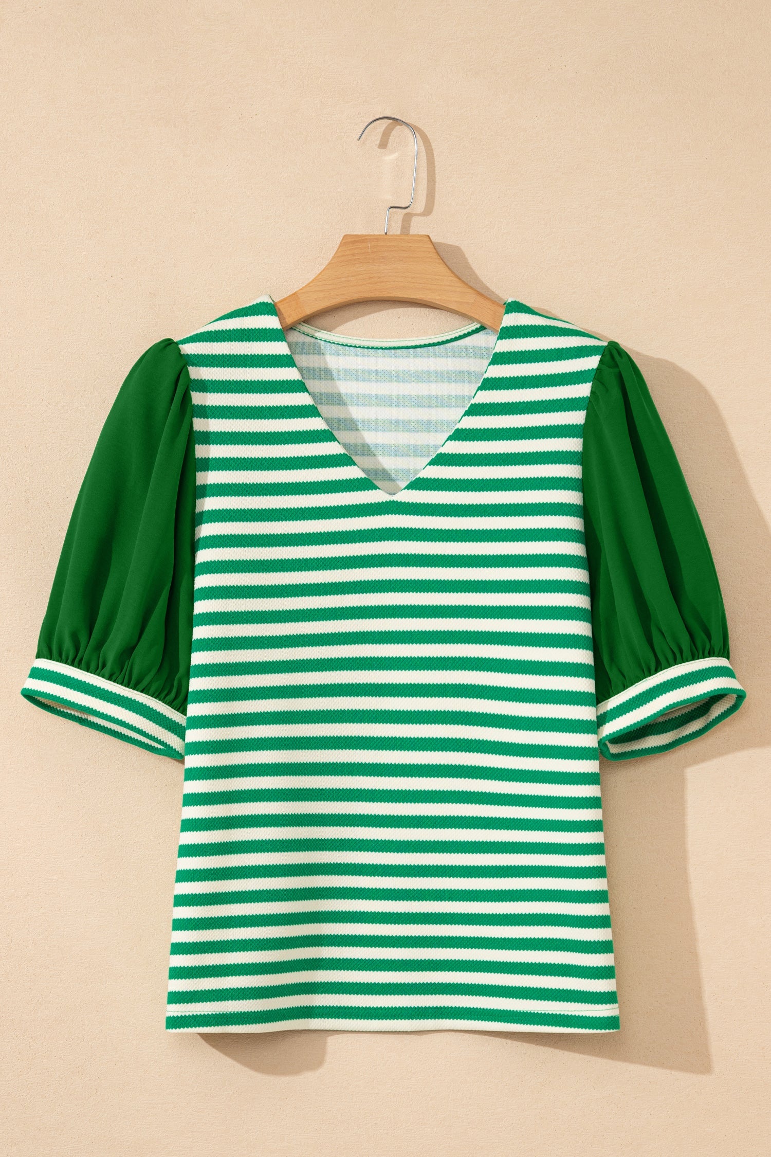 Green Stripe Puff Short Sleeve Patchwork V Neck Blouse
