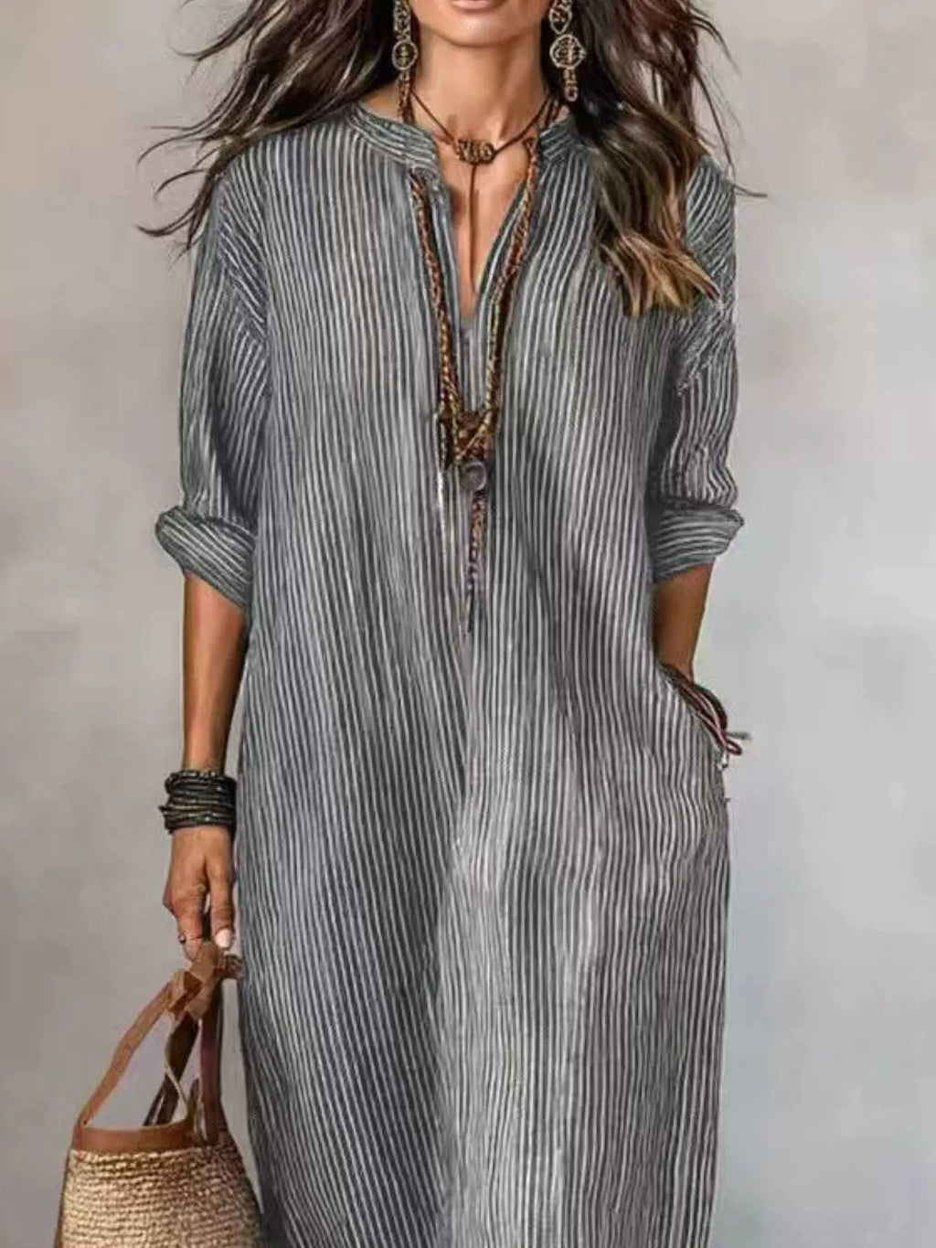 Full Size Striped Notched Maxi Dress with Pockets Plus Size