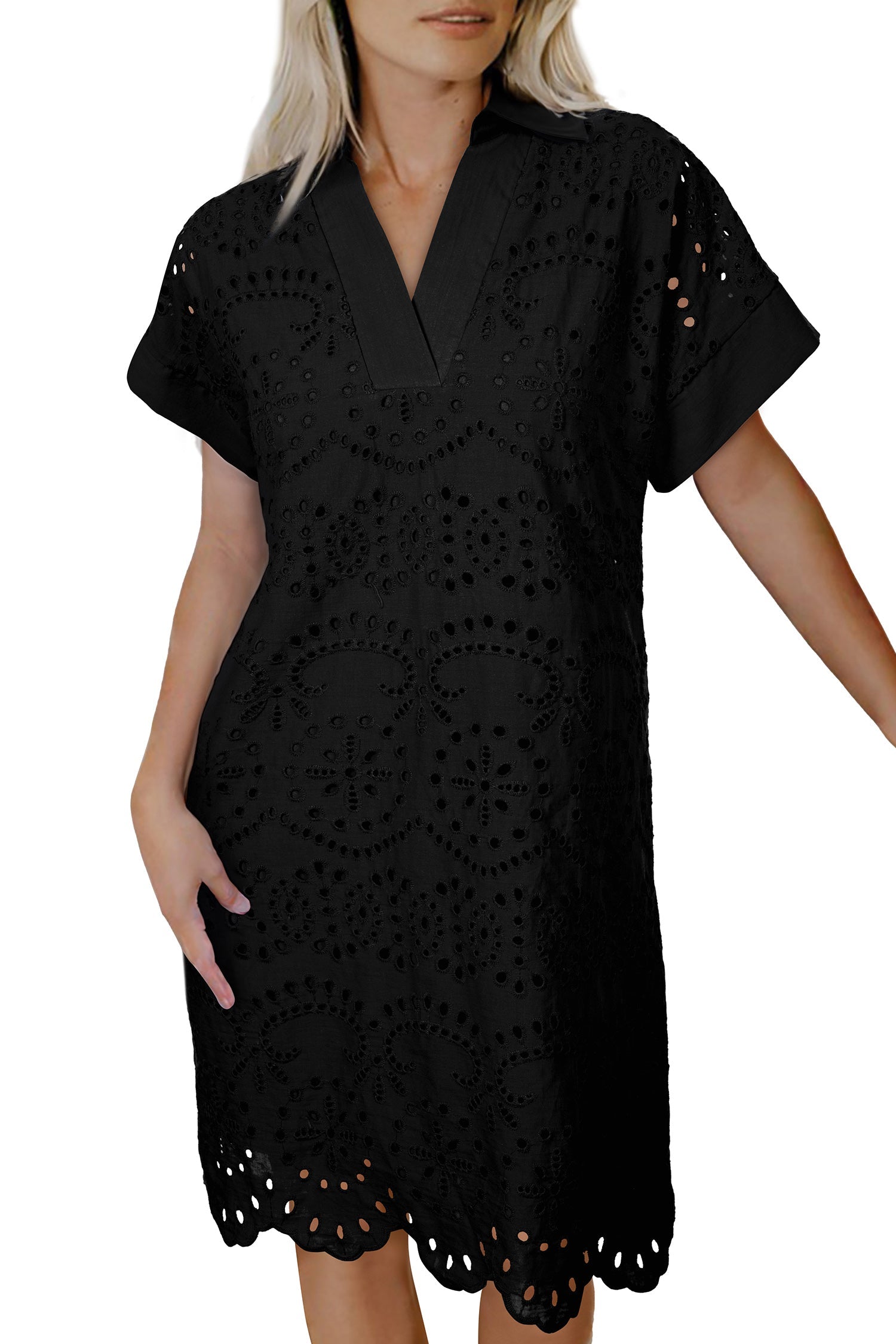 Black Solid Color Eyelet Embroidered T Shirt Mini Dress