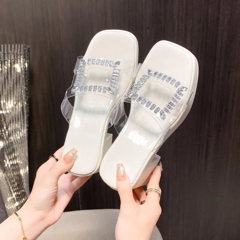 Rhinestone Open Toe Block Heels Sandals