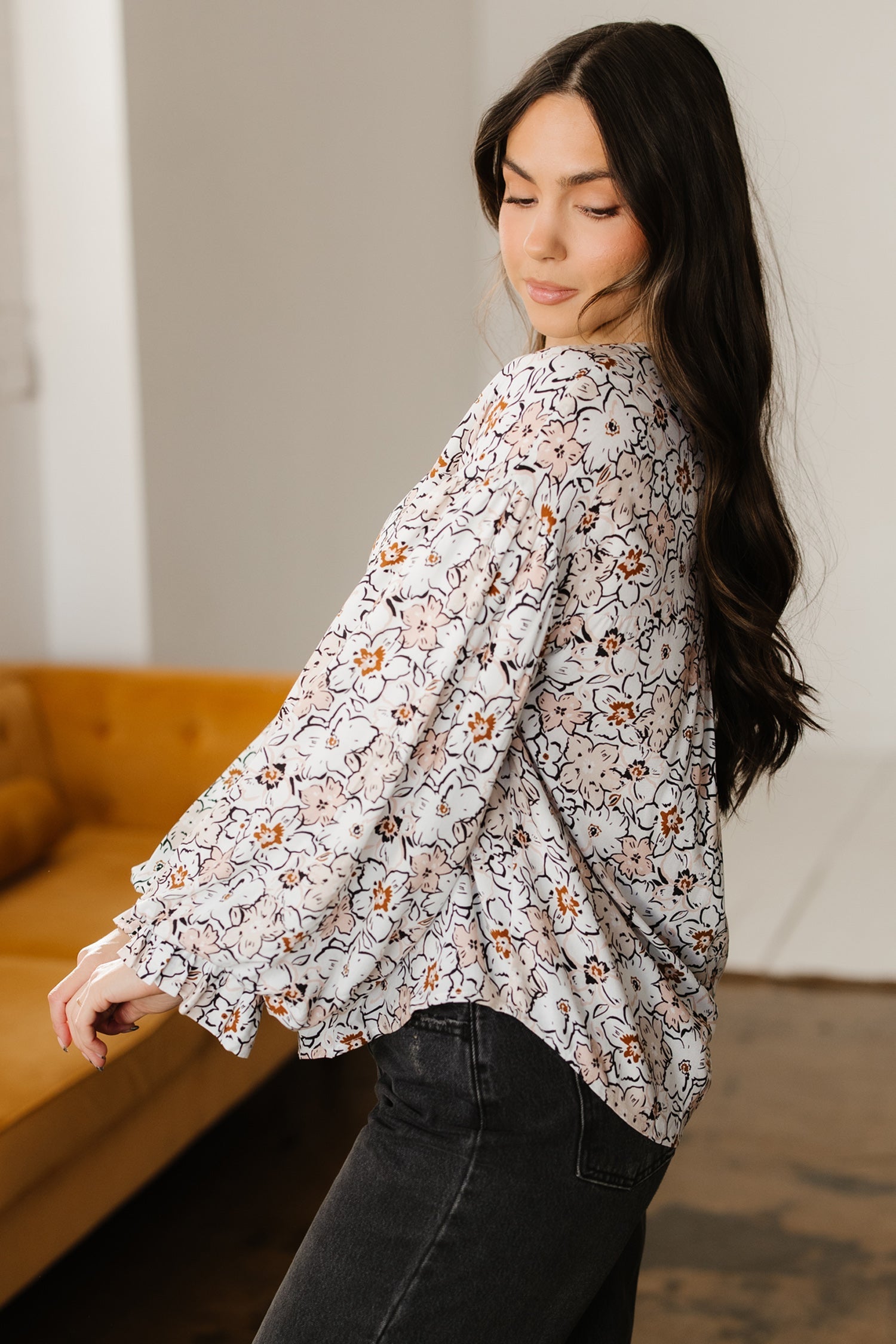 Khaki Bold Floral Print Frilled Puff Sleeve Button Down Shirt