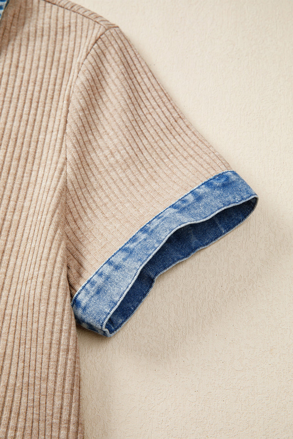 Beige Ribbed Knit Denim Color Block Patchwork Button Detail Collared Blouse