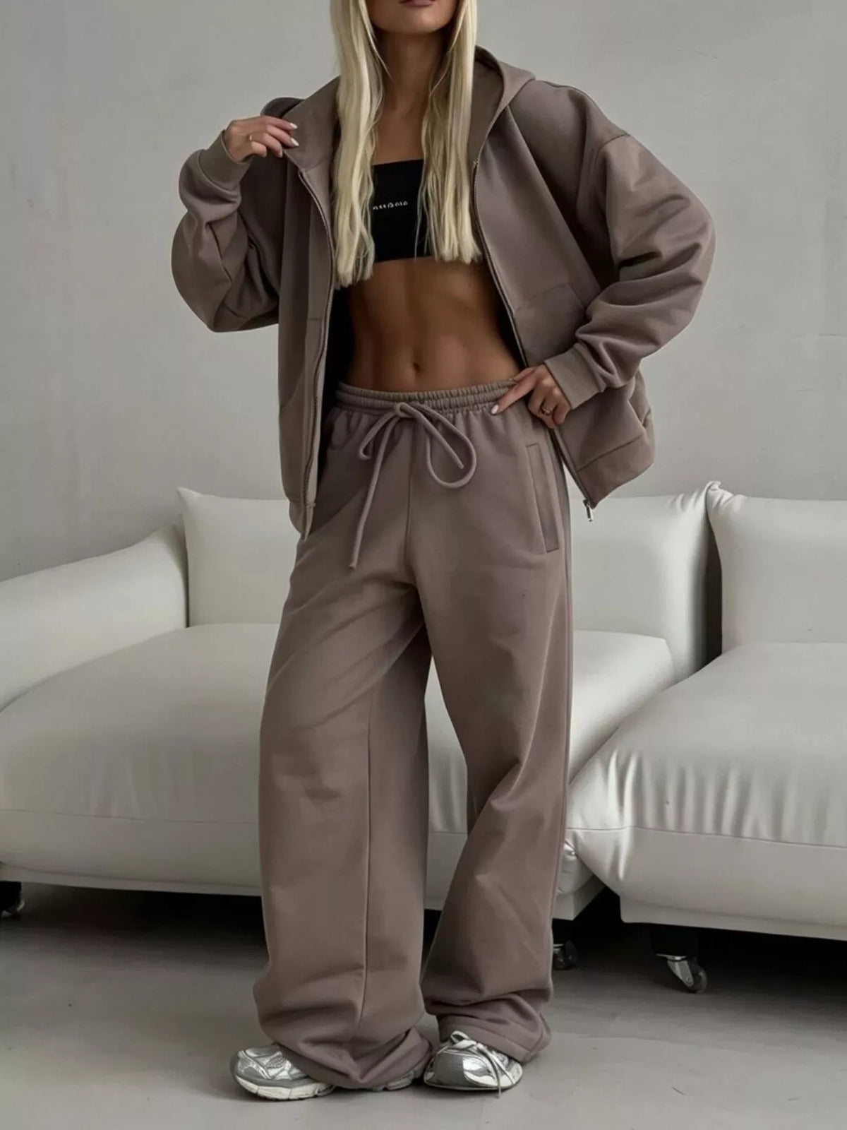 Casual Zip-Up Hoodie and Wide-Leg Sweatpants Set