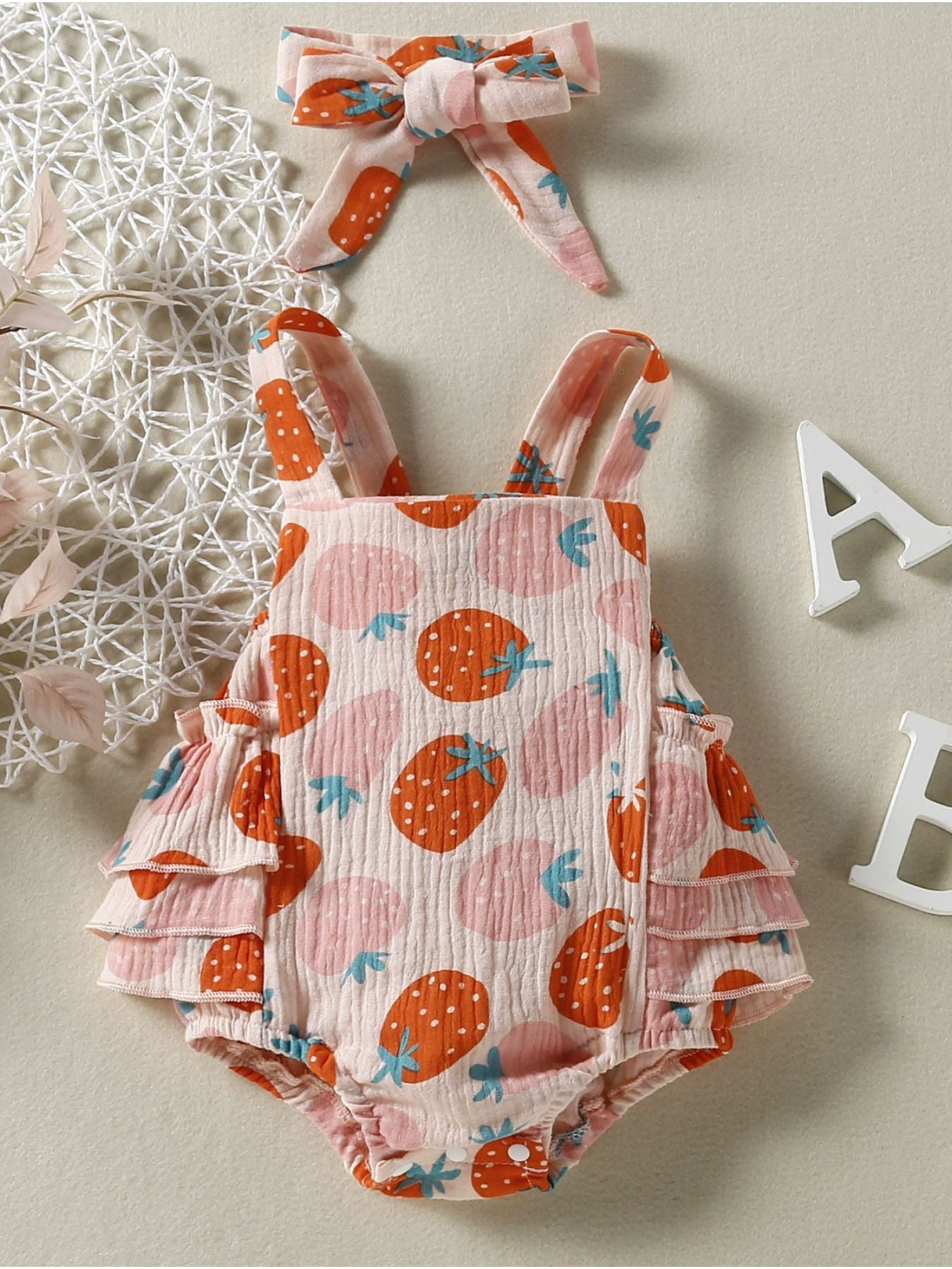 Children's Strawberry Print Ruffle Trim Bodysuit & Headband Set