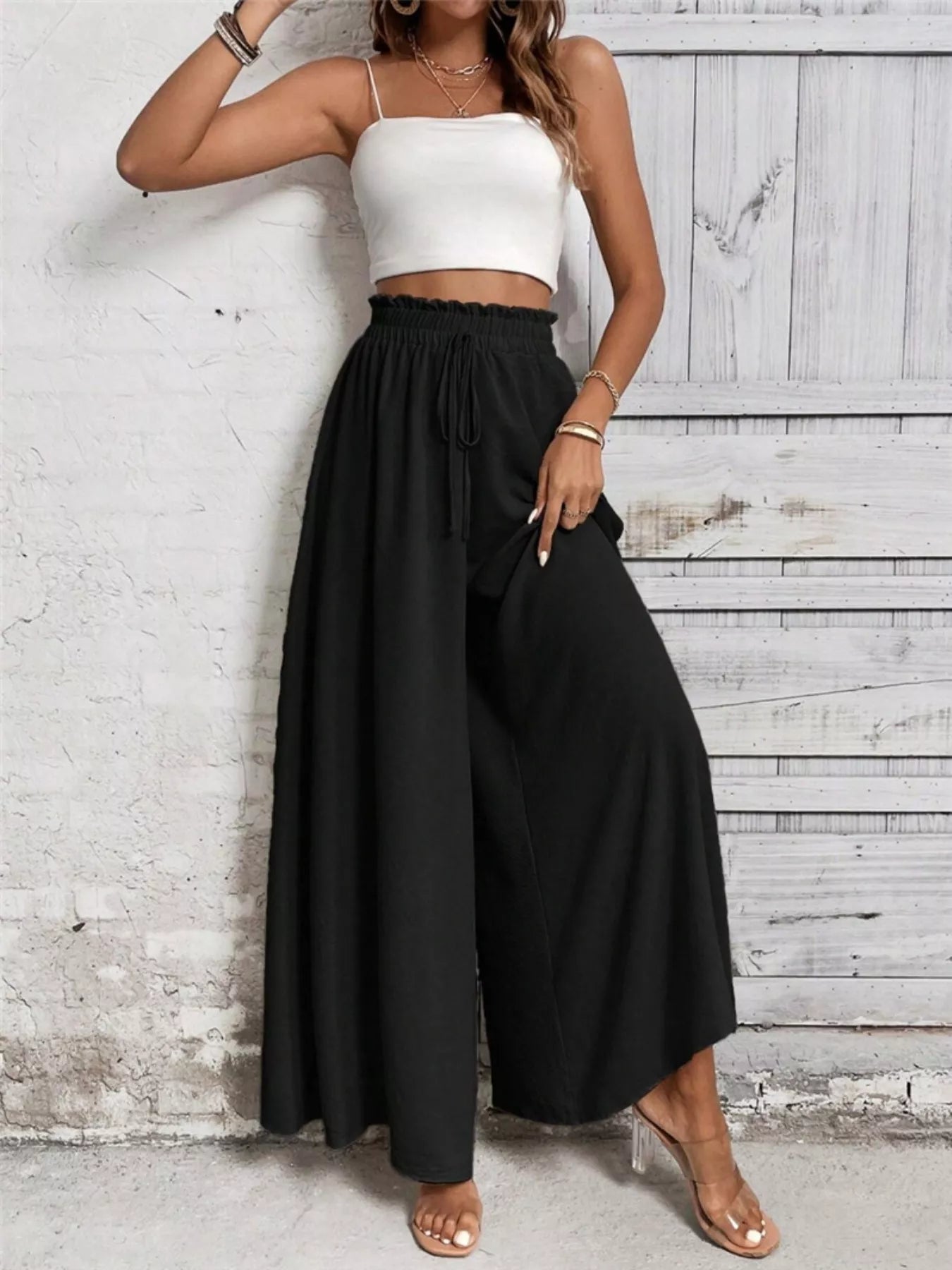 Wide Leg Drawstring Waist Casual Pants