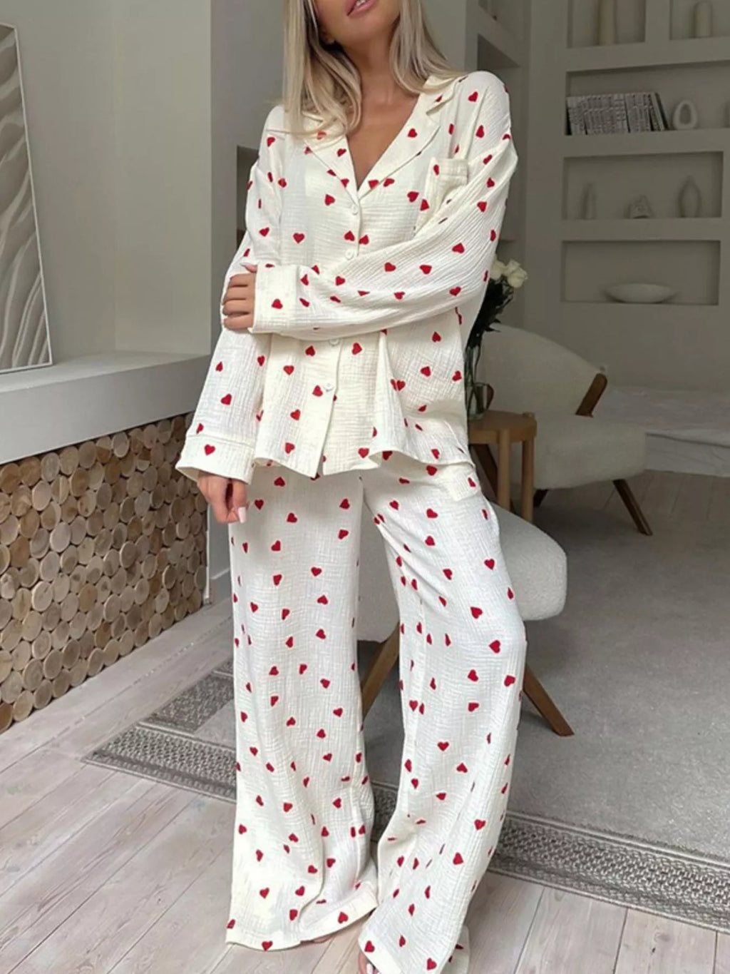 Heart Print Long Sleeve Top and Pants Lounge Set
