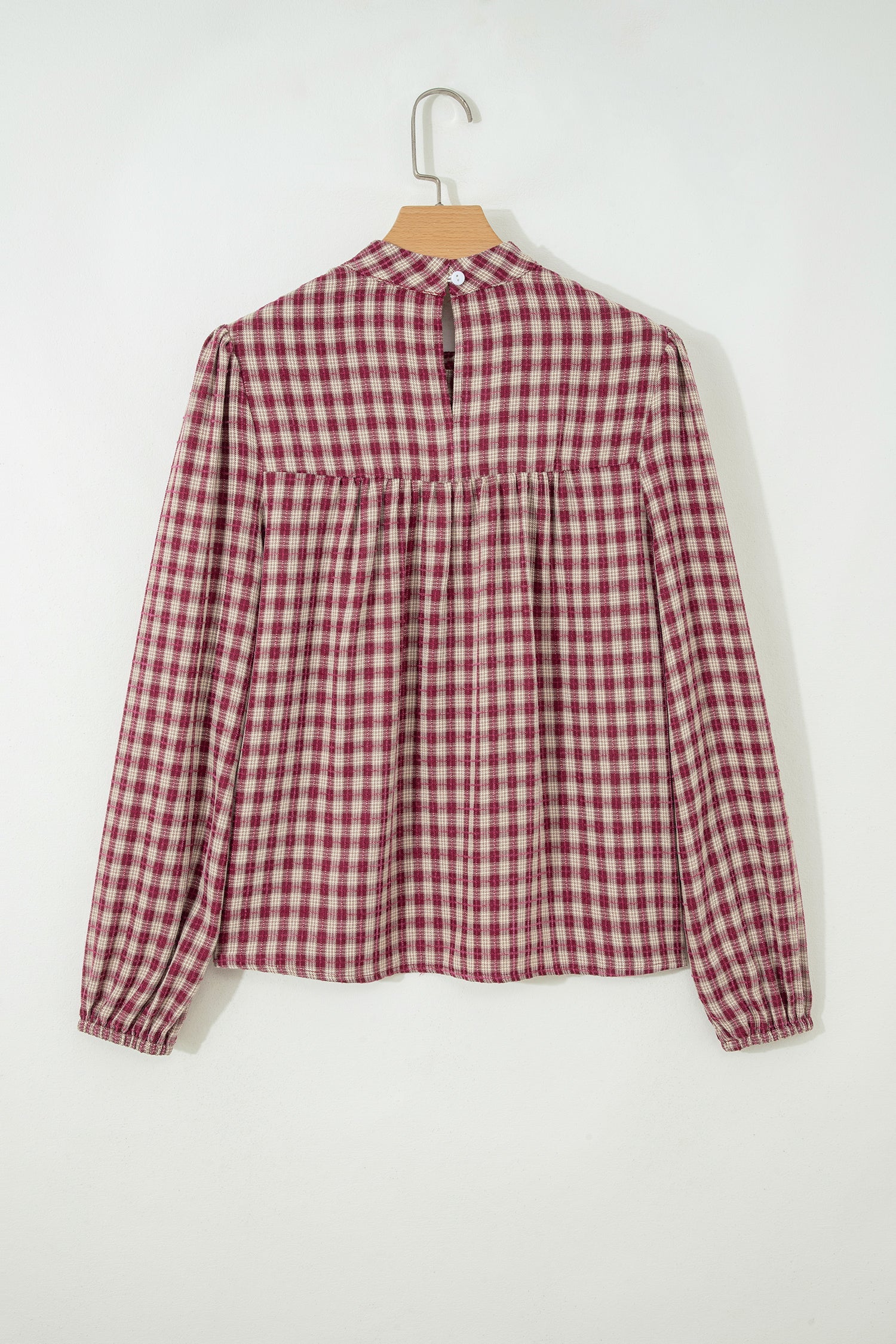 Coral Country Plaid Long Sleeve Button Keyhole Pleated Loose Blouse