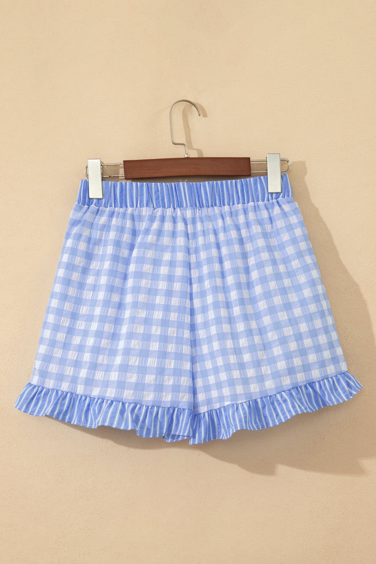 Sky Blue Gingham Print Ruffle Striped Detail Lace Tie Shorts