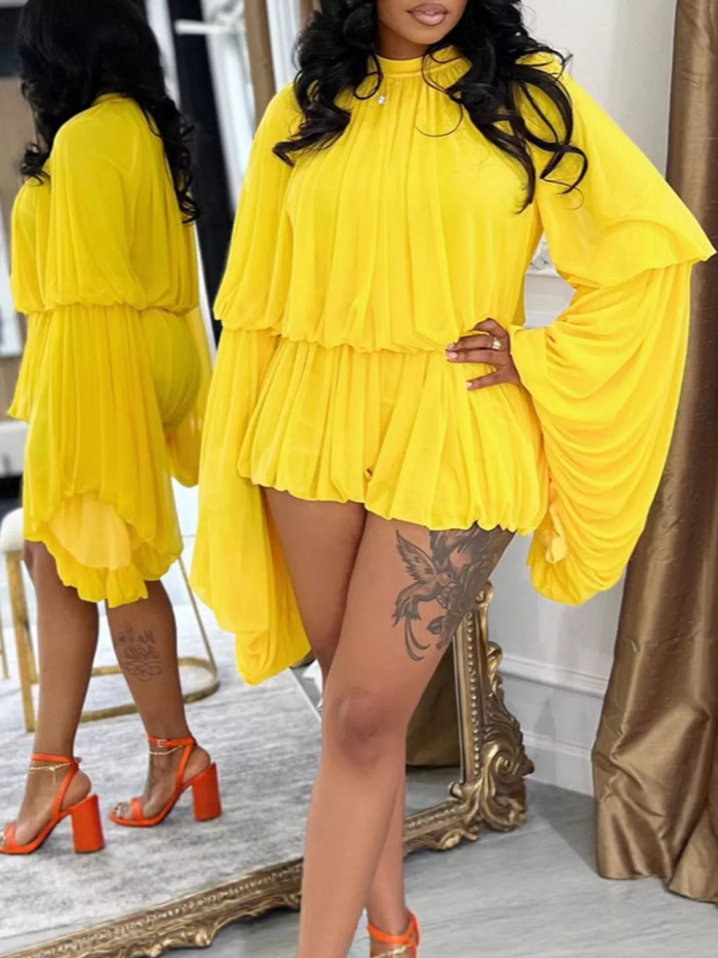 Elegant Pleated Bell Sleeve Romper