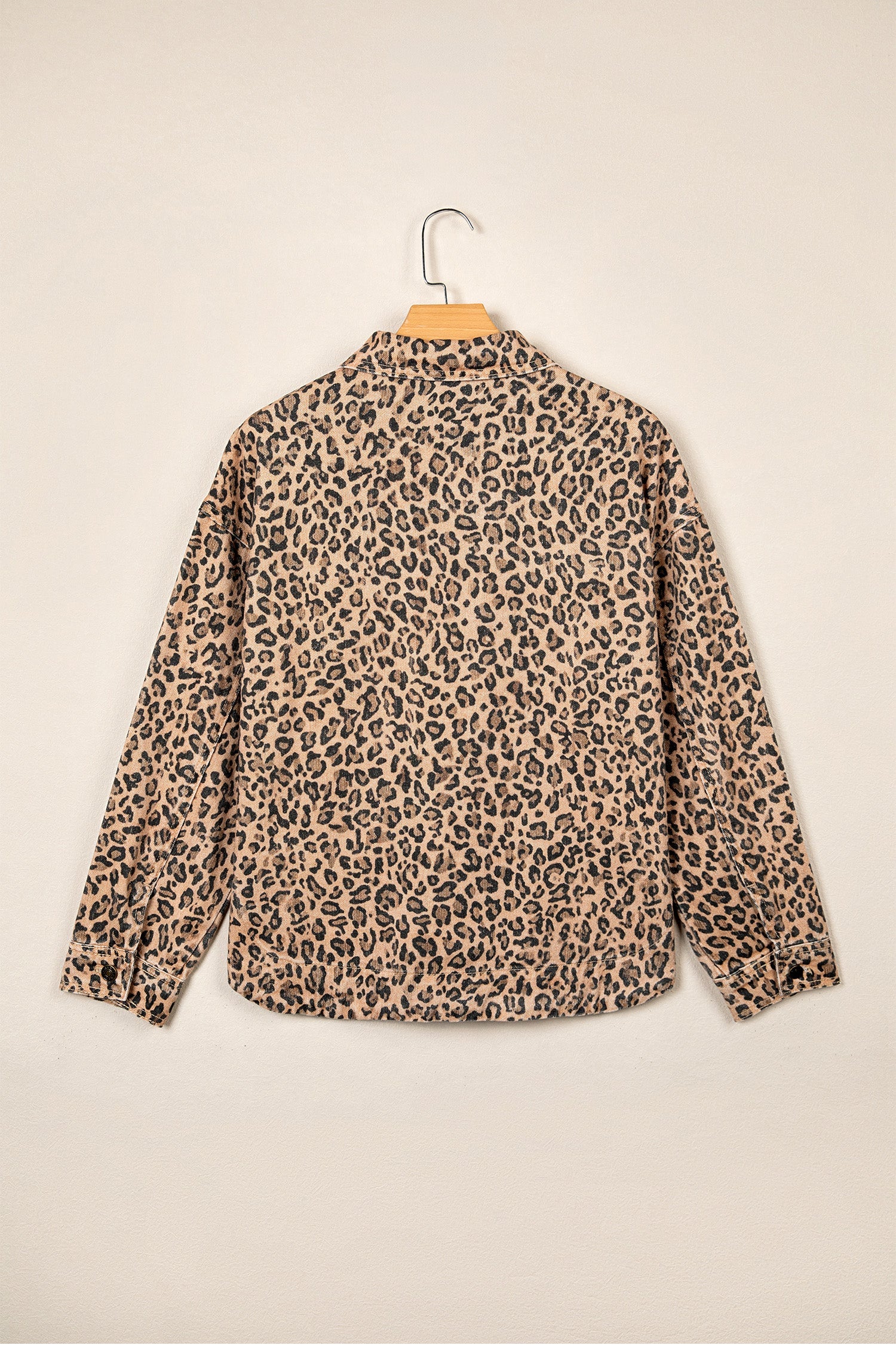 Khaki Leopard Print Collar Long Sleeve Patch Pocket Shift Denim Jacket