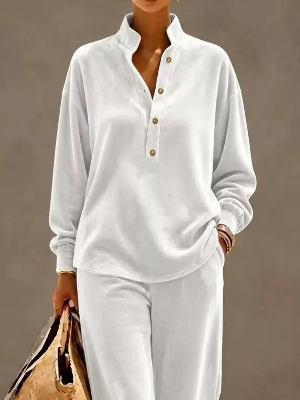 Full Size Half Button Top and Wide Leg Pants Set Plus Size