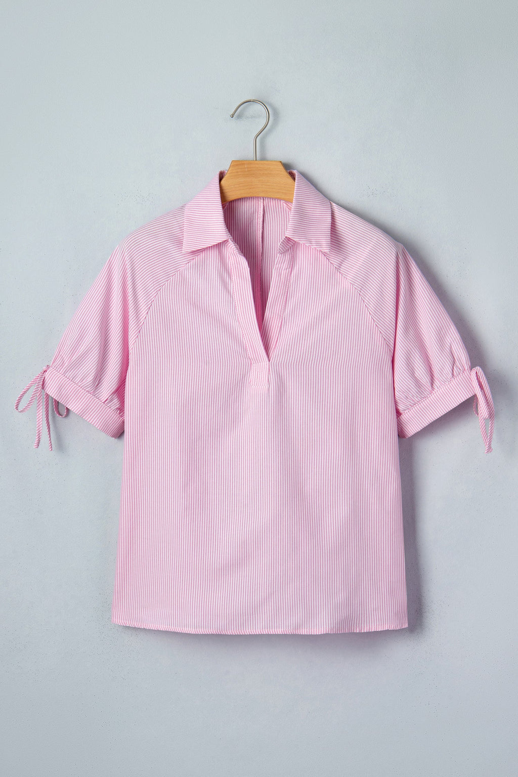 Pink Striped Print Collared Split Neck Half Sleeve Blouse