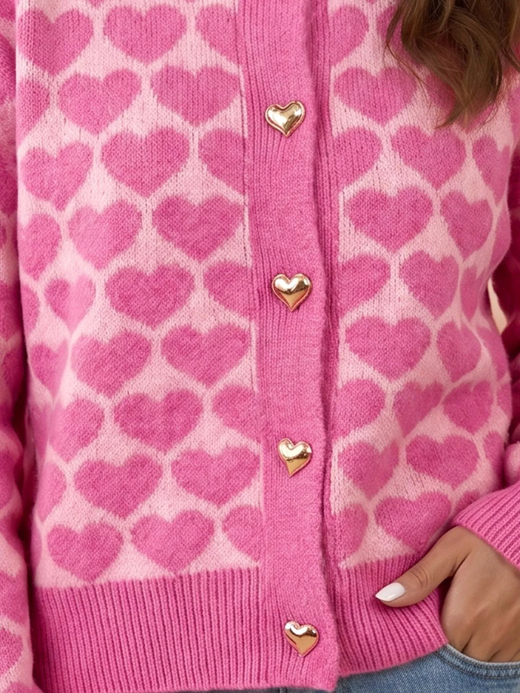 Heart Pattern Drop Shoulder Long Sleeve Button Front Cardigan