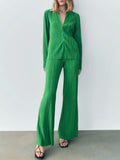 Textured Collared Long Sleeve Top and Pleated Pants Lounge Set