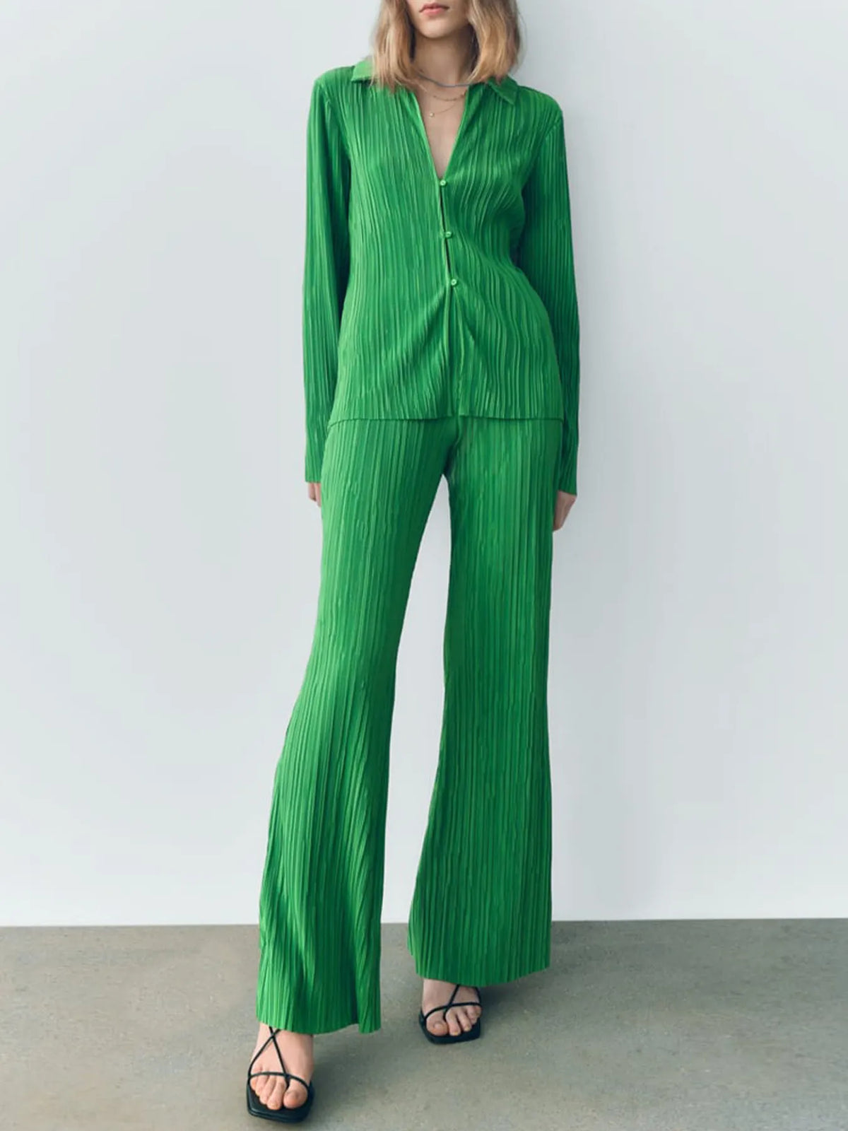 Textured Collared Long Sleeve Top and Pleated Pants Lounge Set