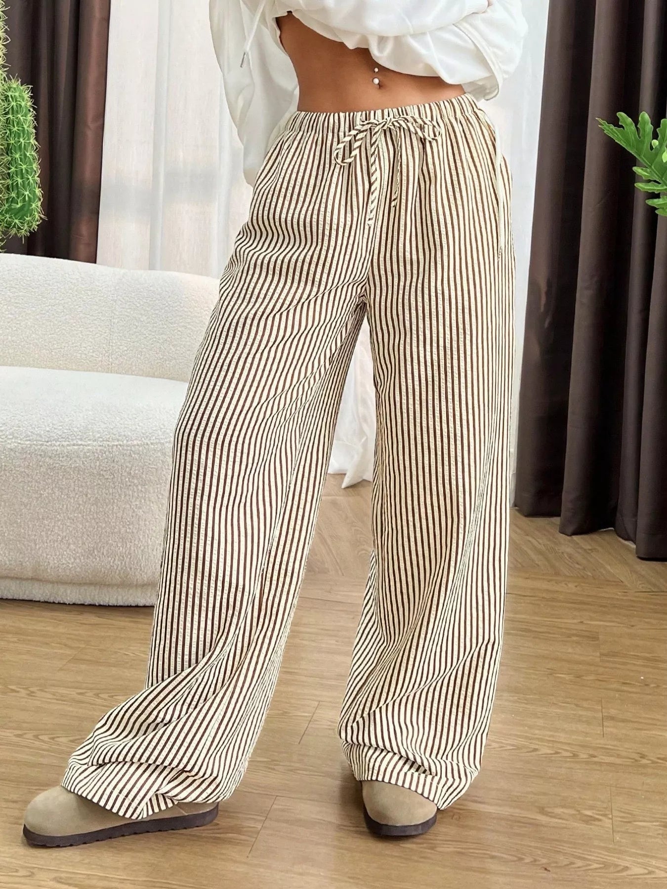 Full Size Striped Drawstring Waist Wide Leg Pants Plus Size