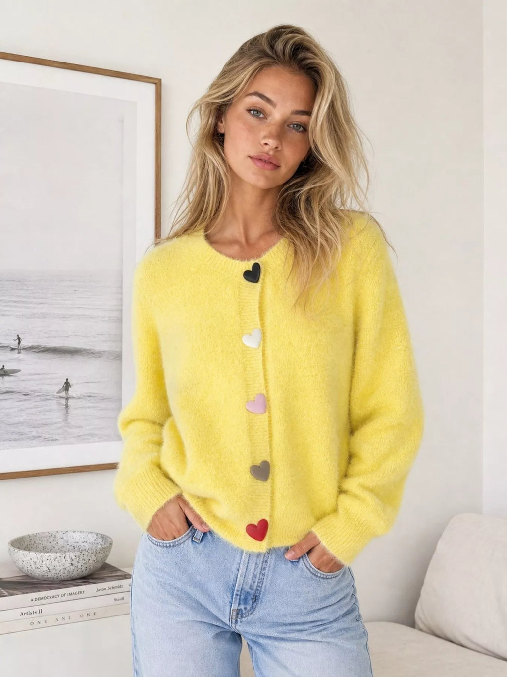 Heart Buttons Fuzzy Cardigan
