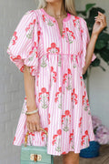 Pink Floral Striped Print Tie Notched Neck Puff Sleeve Flared Mini Dress