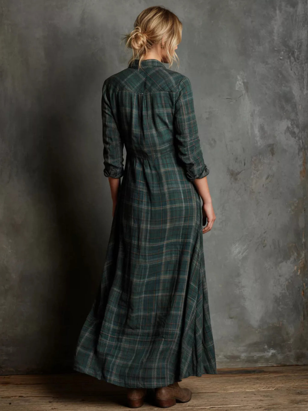Vintage Plaid Button-Down Maxi Shirt Dress