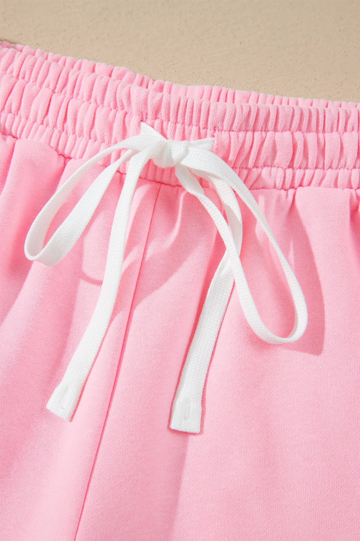 Pink Piping Trim Long Sporty Pullover Drawstring Elastic Waist Shorts Set